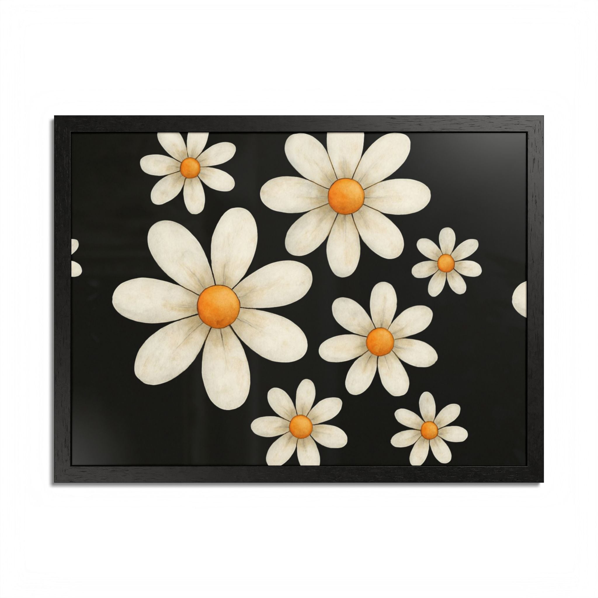 Framed Poster, Daisy Flower Wood, Floral Wall Art, Botanical Home Decor, Nature Lover Gift, Black Background, Unique Design