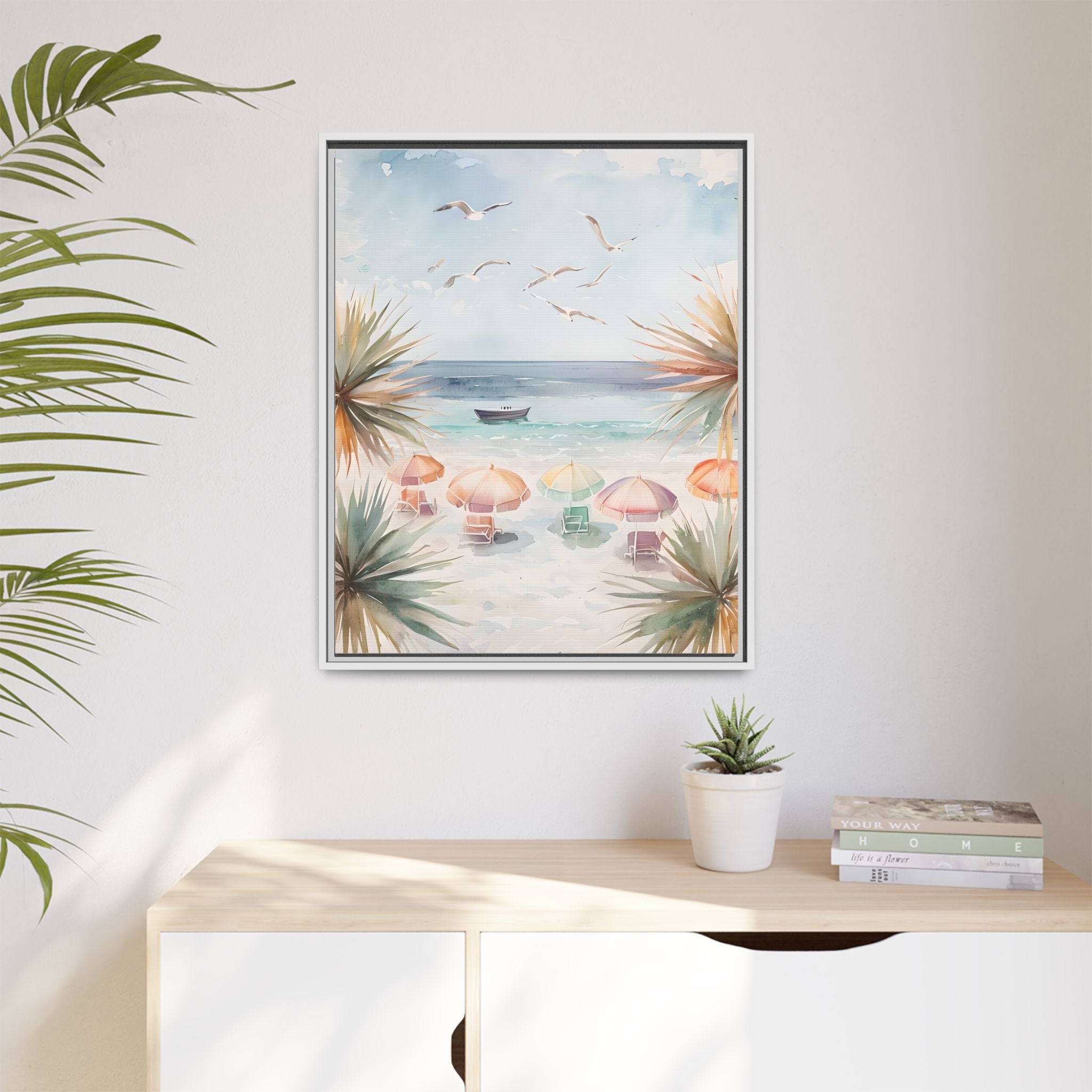 Beach Scene Canvas Wall Art, Oceanview Balcony Print, Umbrellas Seagulls Palm Trees Boat, Matte Framed Decor, Coastal Home Decoration