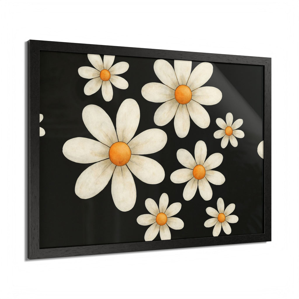 Framed Poster, Daisy Flower Wood, Floral Wall Art, Botanical Home Decor, Nature Lover Gift, Black Background, Unique Design