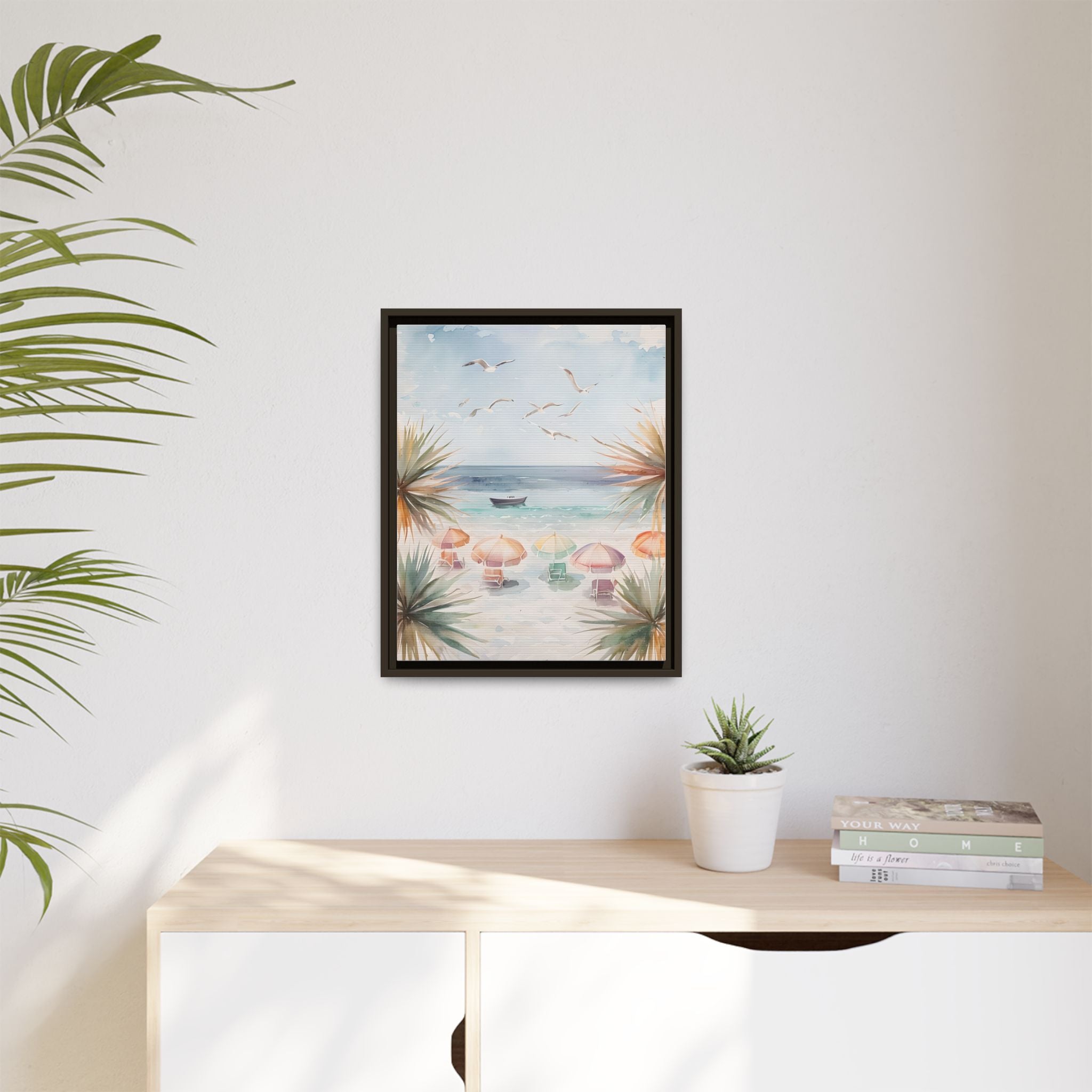 Beach Scene Canvas Wall Art, Oceanview Balcony Print, Umbrellas Seagulls Palm Trees Boat, Matte Framed Decor, Coastal Home Decoration