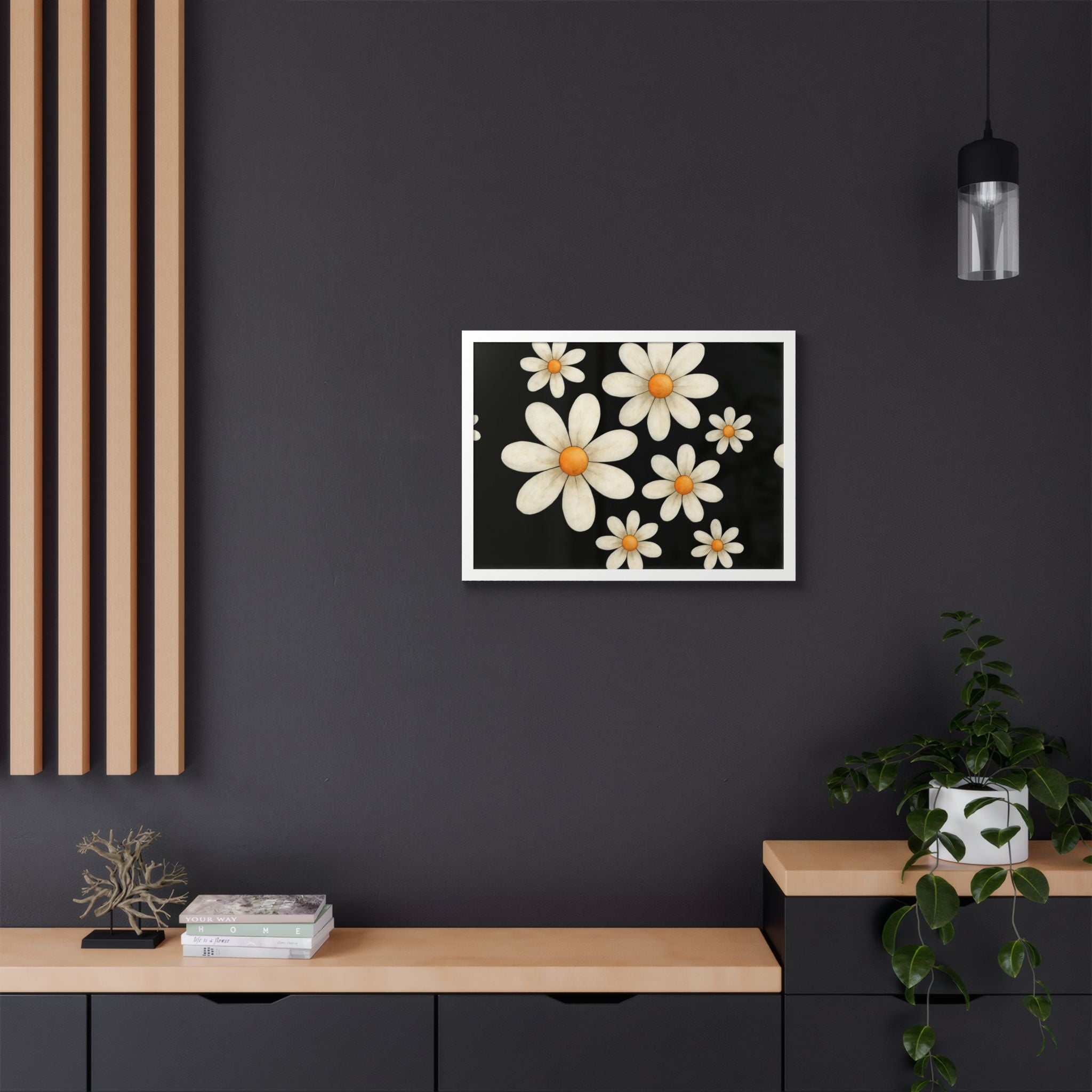 Framed Poster, Daisy Flower Wood, Floral Wall Art, Botanical Home Decor, Nature Lover Gift, Black Background, Unique Design