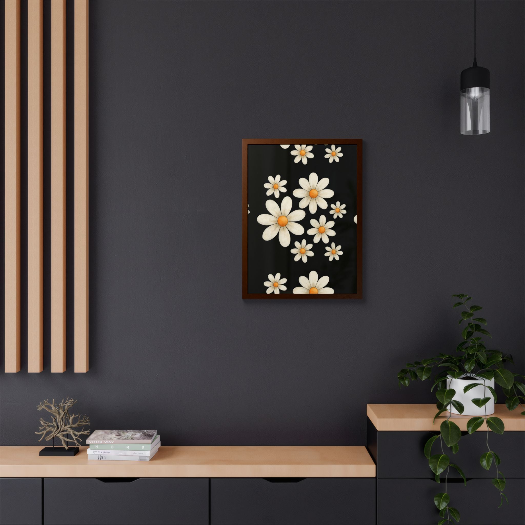 Framed Poster, Daisy Flower Wood, Floral Wall Art, Botanical Home Decor, Nature Lover Gift, Black Background, Unique Design