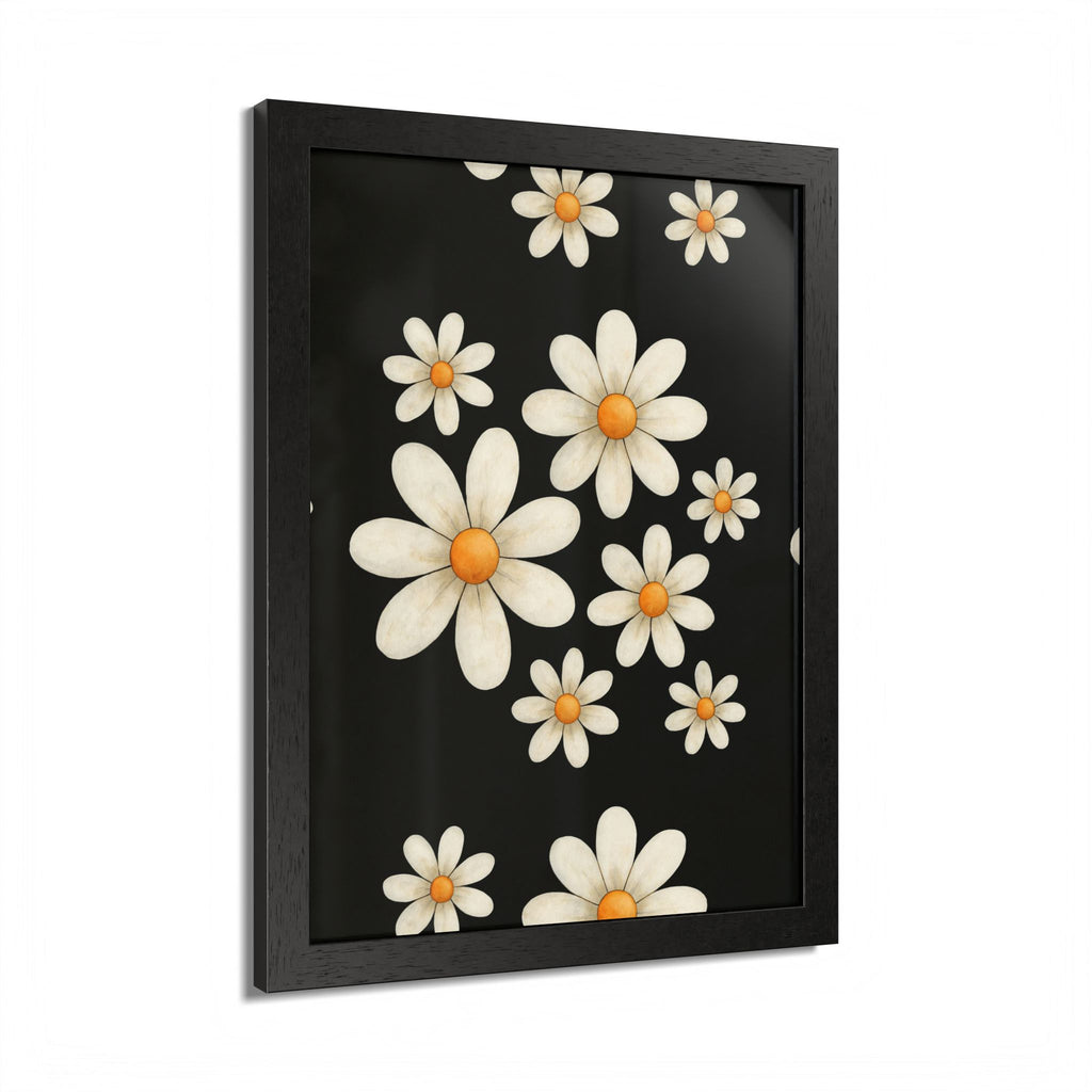 Framed Poster, Daisy Flower Wood, Floral Wall Art, Botanical Home Decor, Nature Lover Gift, Black Background, Unique Design