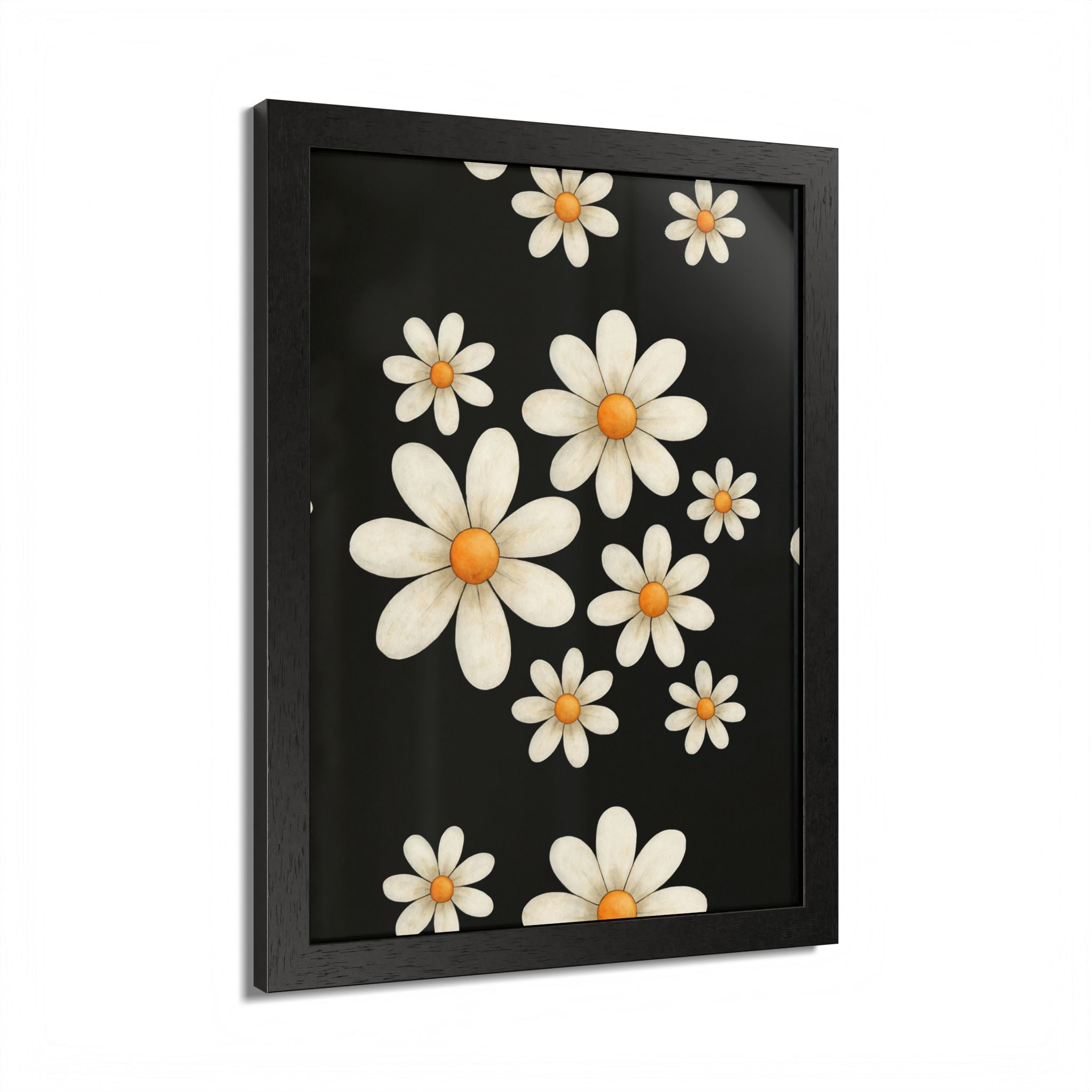 Framed Poster, Daisy Flower Wood, Floral Wall Art, Botanical Home Decor, Nature Lover Gift, Black Background, Unique Design