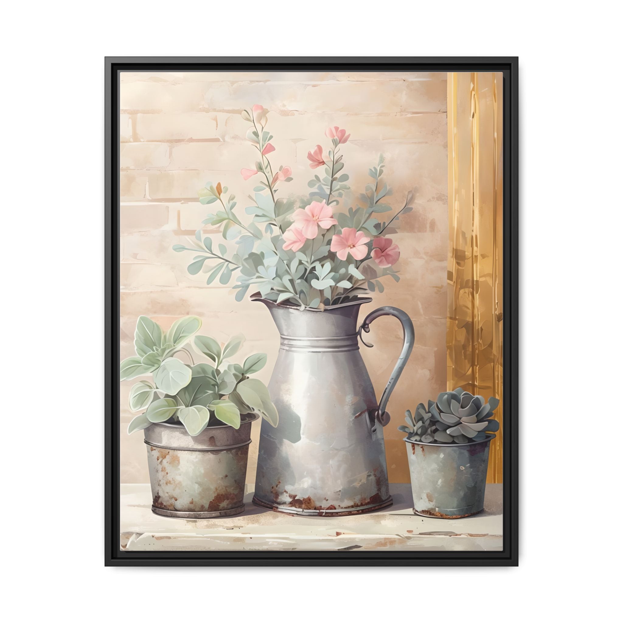 Vintage Galvanized Buckets with Pink Flowers & Succulents Canvas Wall Art, Rustic Brick Wall Farmhouse Decor, Shabby Chic Floral Print