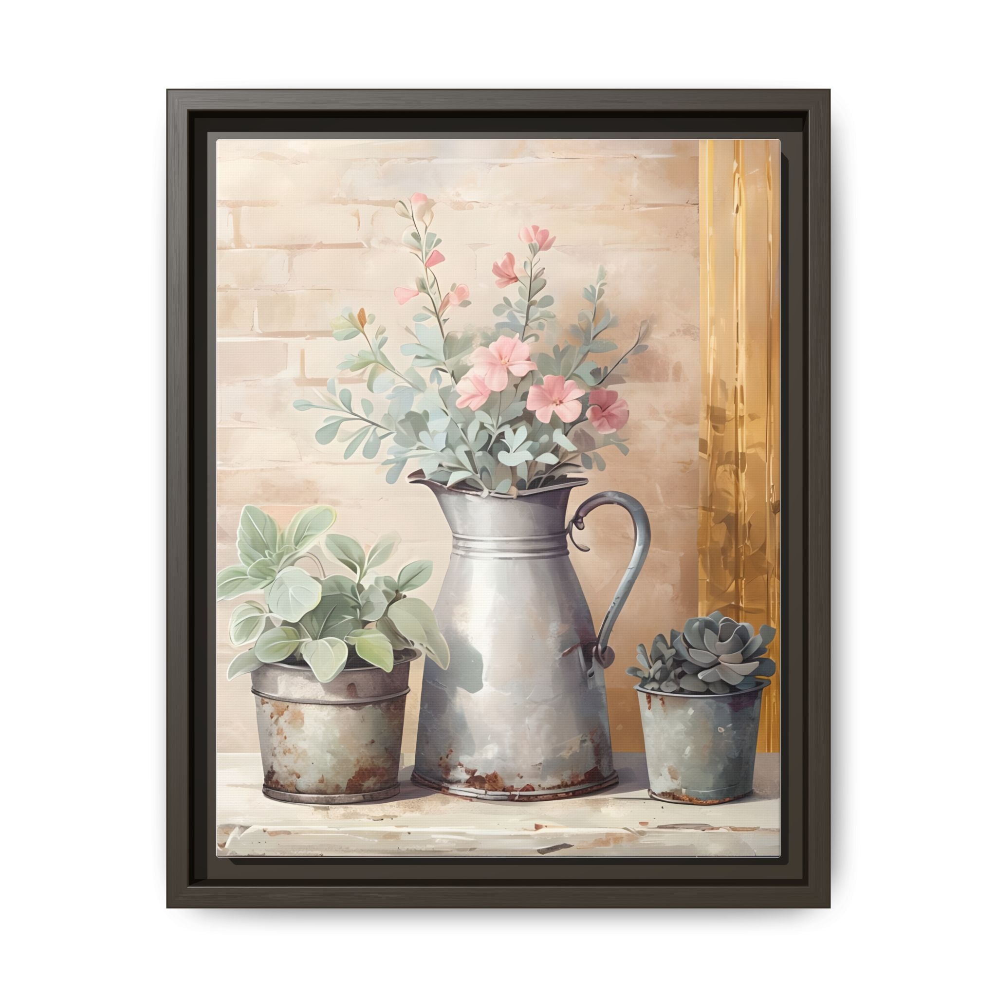 Vintage Galvanized Buckets with Pink Flowers & Succulents Canvas Wall Art, Rustic Brick Wall Farmhouse Decor, Shabby Chic Floral Print