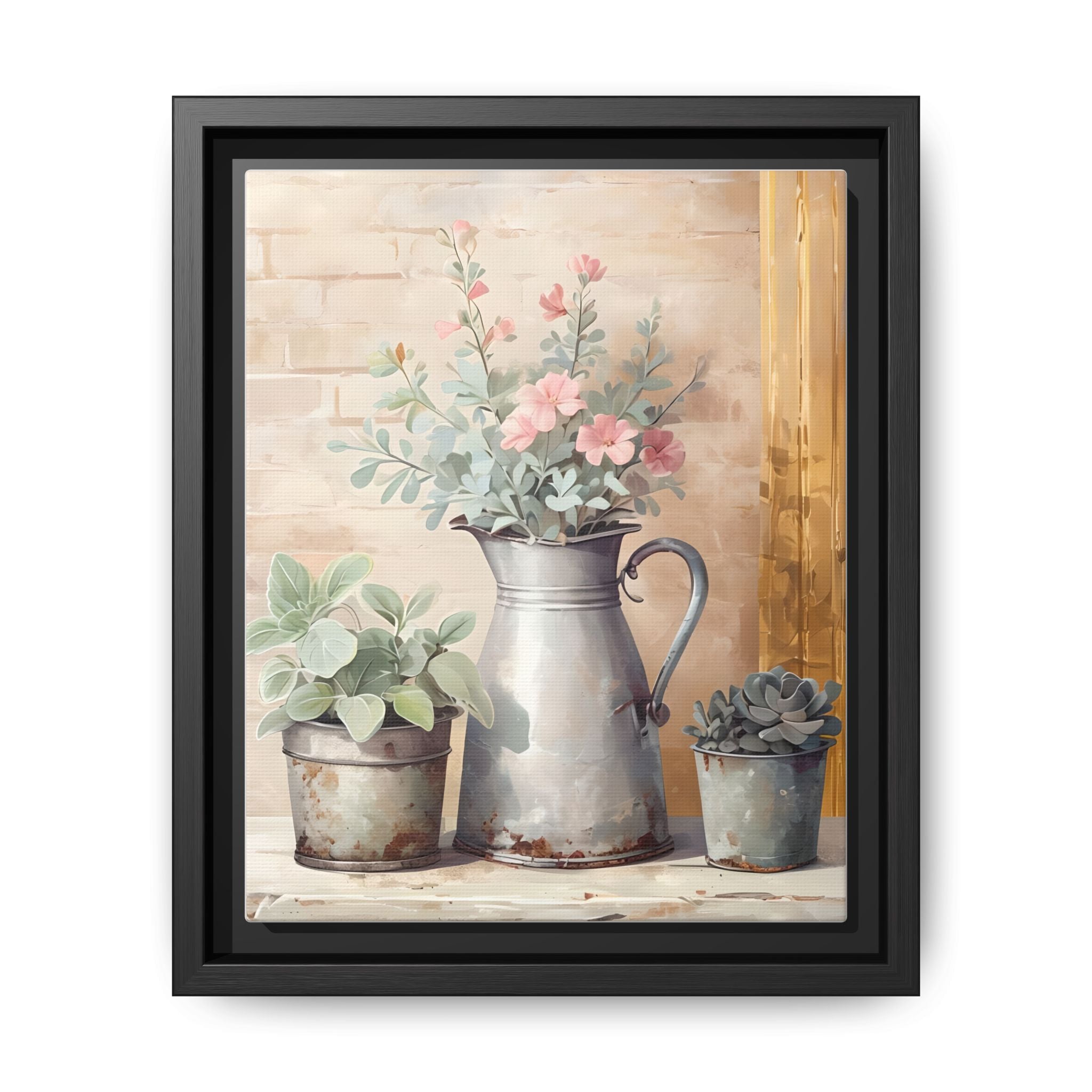 Vintage Galvanized Buckets with Pink Flowers & Succulents Canvas Wall Art, Rustic Brick Wall Farmhouse Decor, Shabby Chic Floral Print