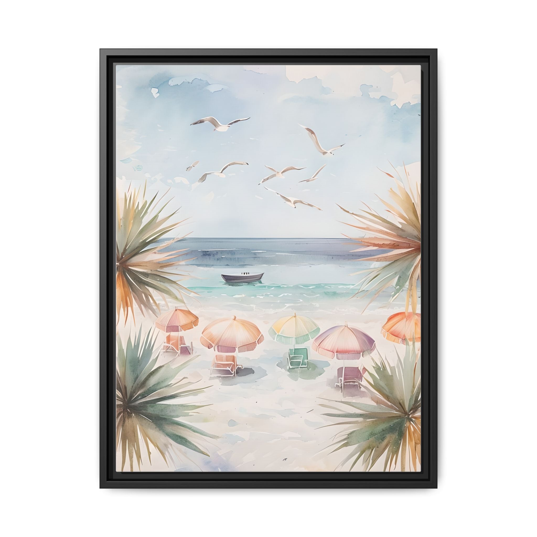 Beach Scene Canvas Wall Art, Oceanview Balcony Print, Umbrellas Seagulls Palm Trees Boat, Matte Framed Decor, Coastal Home Decoration