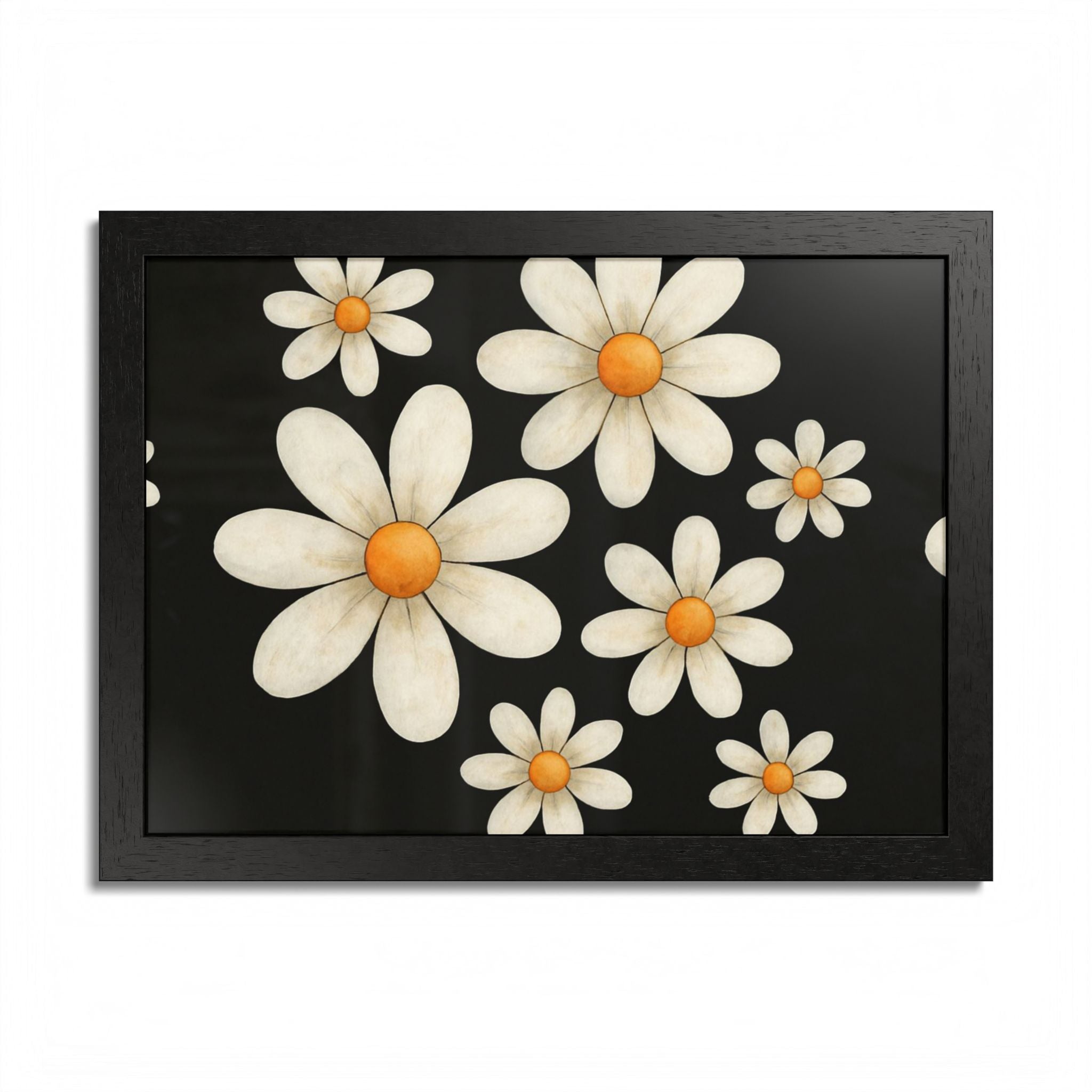Framed Poster, Daisy Flower Wood, Floral Wall Art, Botanical Home Decor, Nature Lover Gift, Black Background, Unique Design