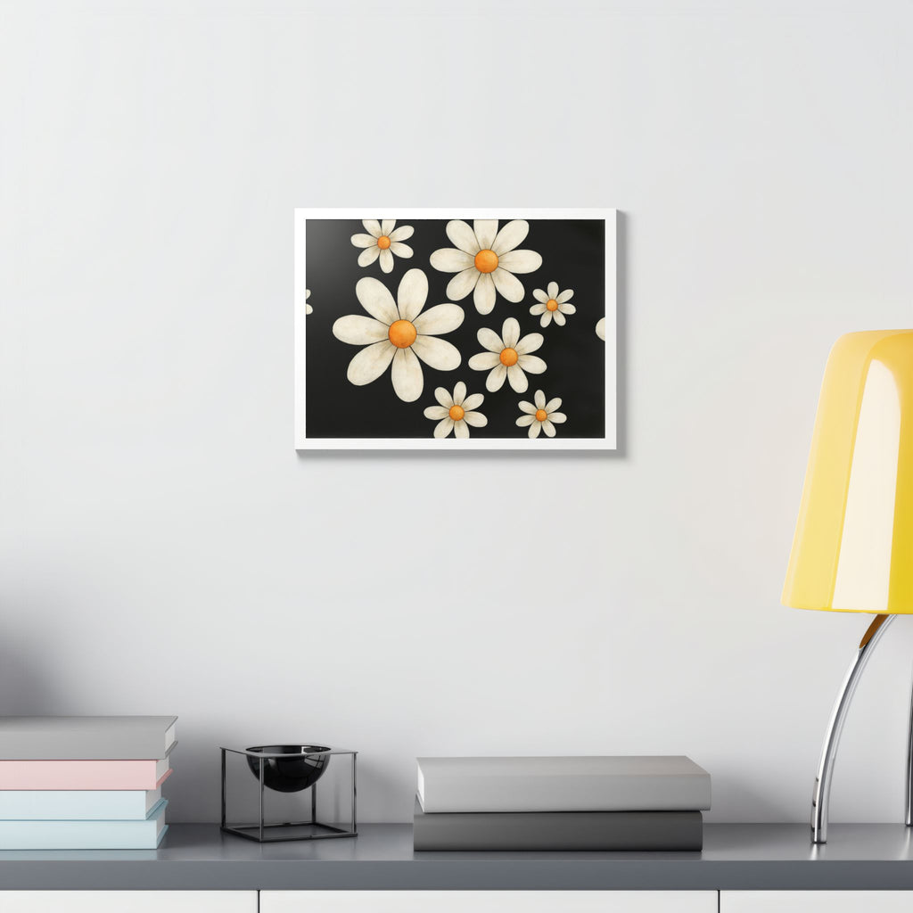 Framed Poster, Daisy Flower Wood, Floral Wall Art, Botanical Home Decor, Nature Lover Gift, Black Background, Unique Design