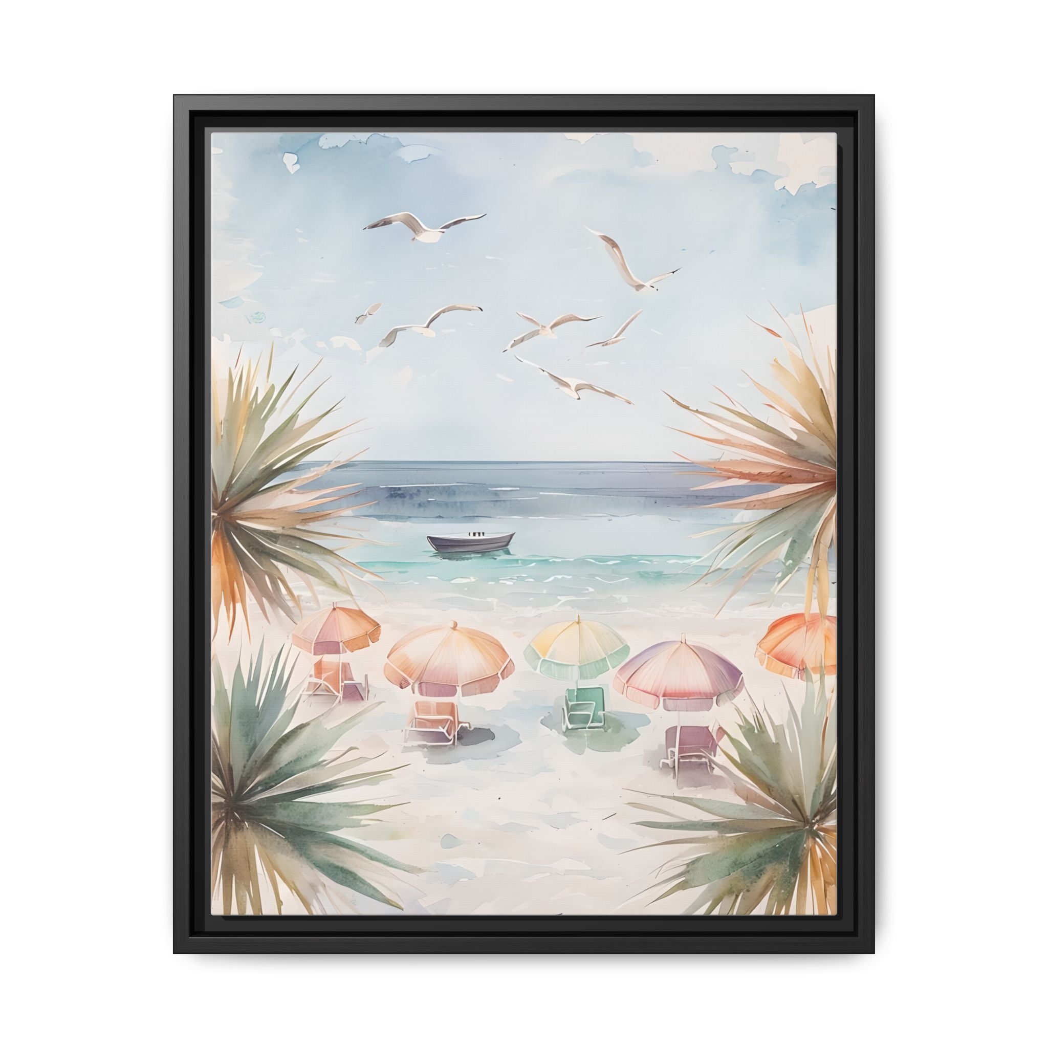 Beach Scene Canvas Wall Art, Oceanview Balcony Print, Umbrellas Seagulls Palm Trees Boat, Matte Framed Decor, Coastal Home Decoration