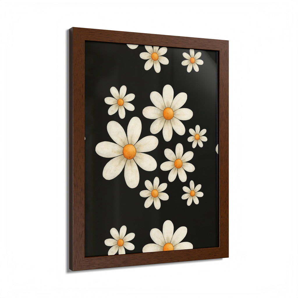 Framed Poster, Daisy Flower Wood, Floral Wall Art, Botanical Home Decor, Nature Lover Gift, Black Background, Unique Design