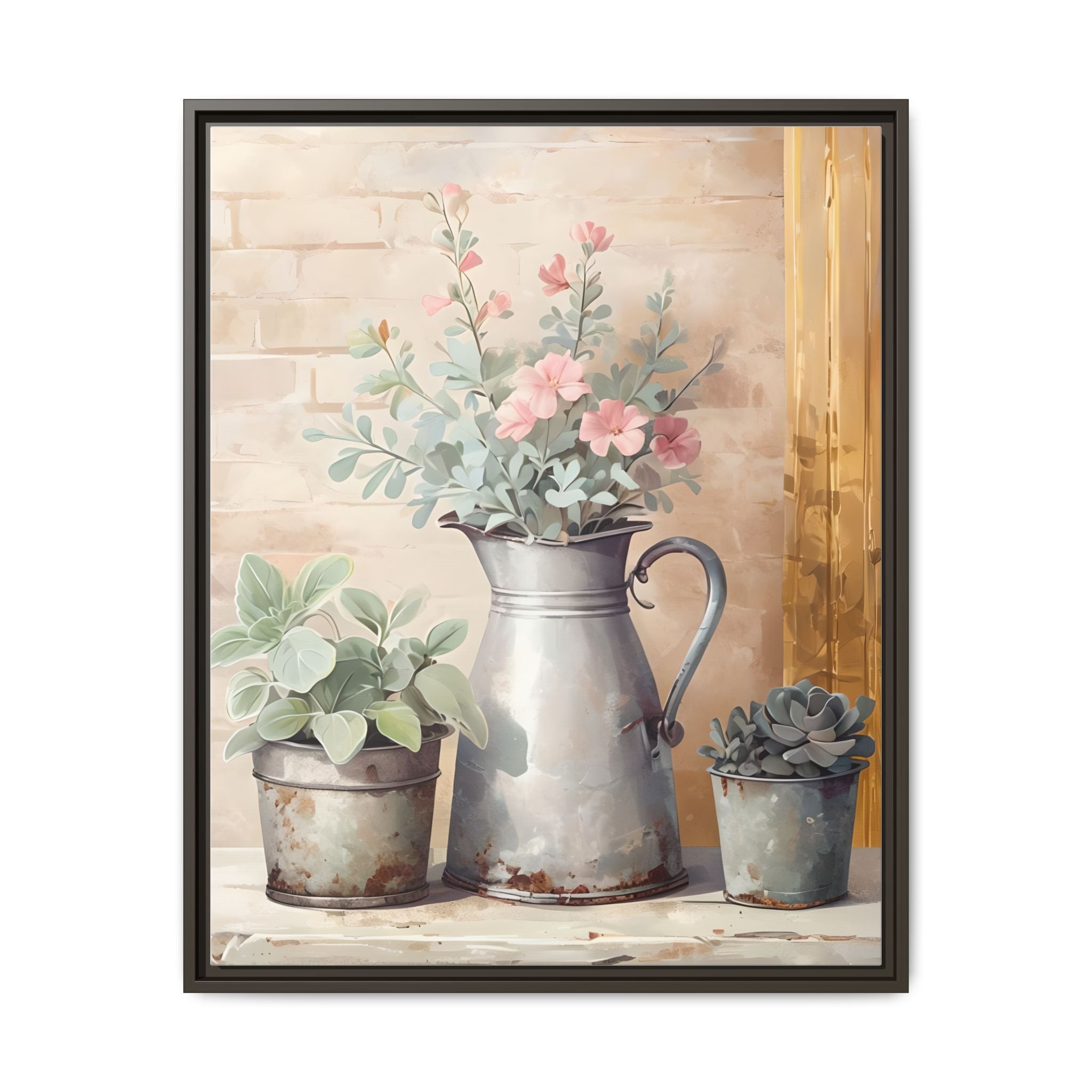 Vintage Galvanized Buckets with Pink Flowers & Succulents Canvas Wall Art, Rustic Brick Wall Farmhouse Decor, Shabby Chic Floral Print