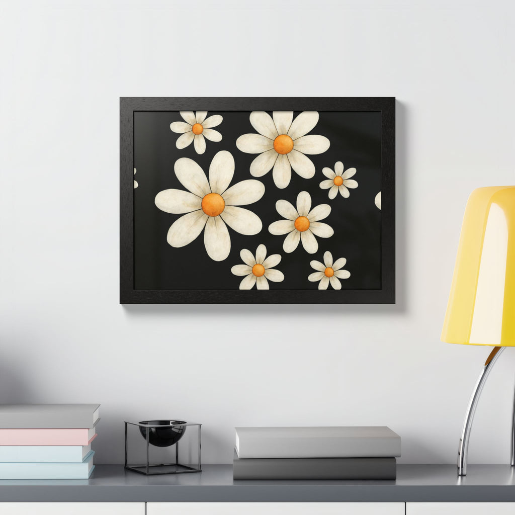 Framed Poster, Daisy Flower Wood, Floral Wall Art, Botanical Home Decor, Nature Lover Gift, Black Background, Unique Design