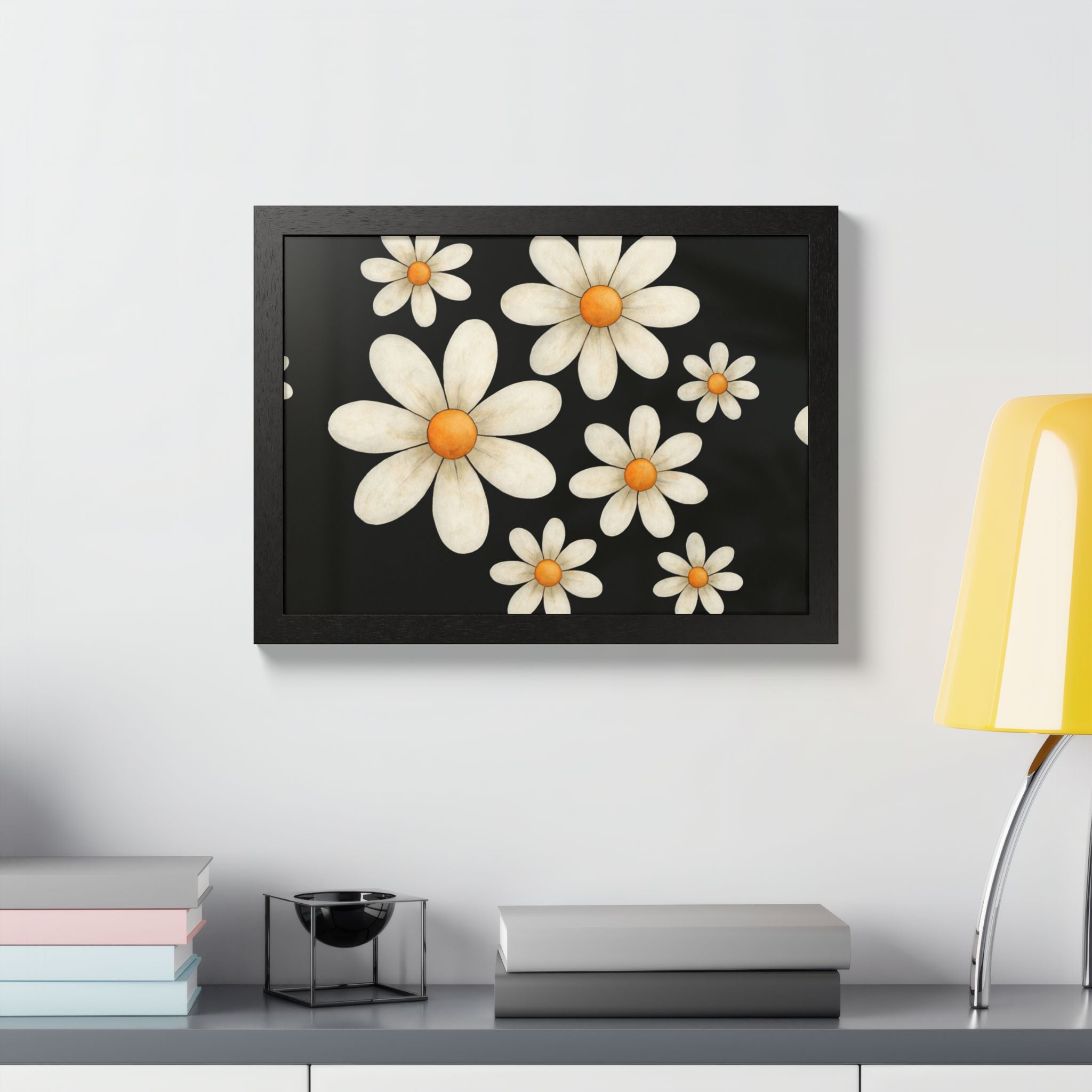 Framed Poster, Daisy Flower Wood, Floral Wall Art, Botanical Home Decor, Nature Lover Gift, Black Background, Unique Design