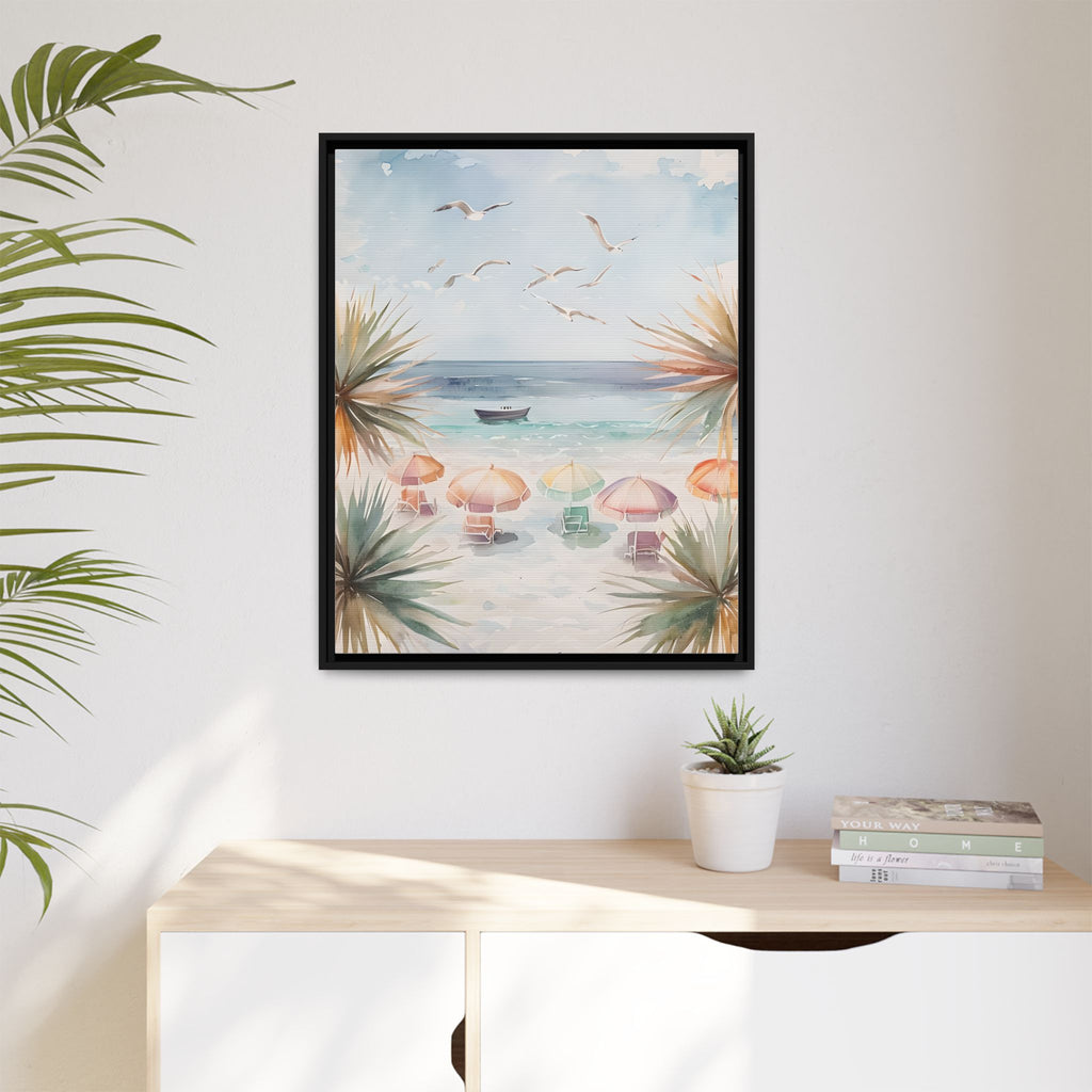 Beach Scene Canvas Wall Art, Oceanview Balcony Print, Umbrellas Seagulls Palm Trees Boat, Matte Framed Decor, Coastal Home Decoration