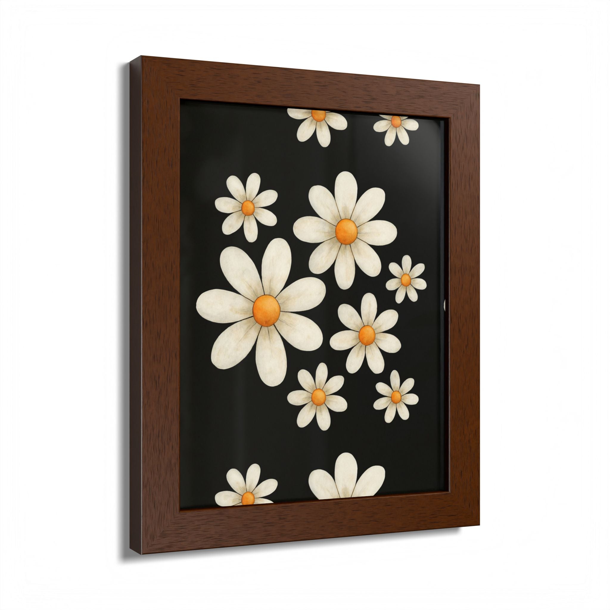 Framed Poster, Daisy Flower Wood, Floral Wall Art, Botanical Home Decor, Nature Lover Gift, Black Background, Unique Design