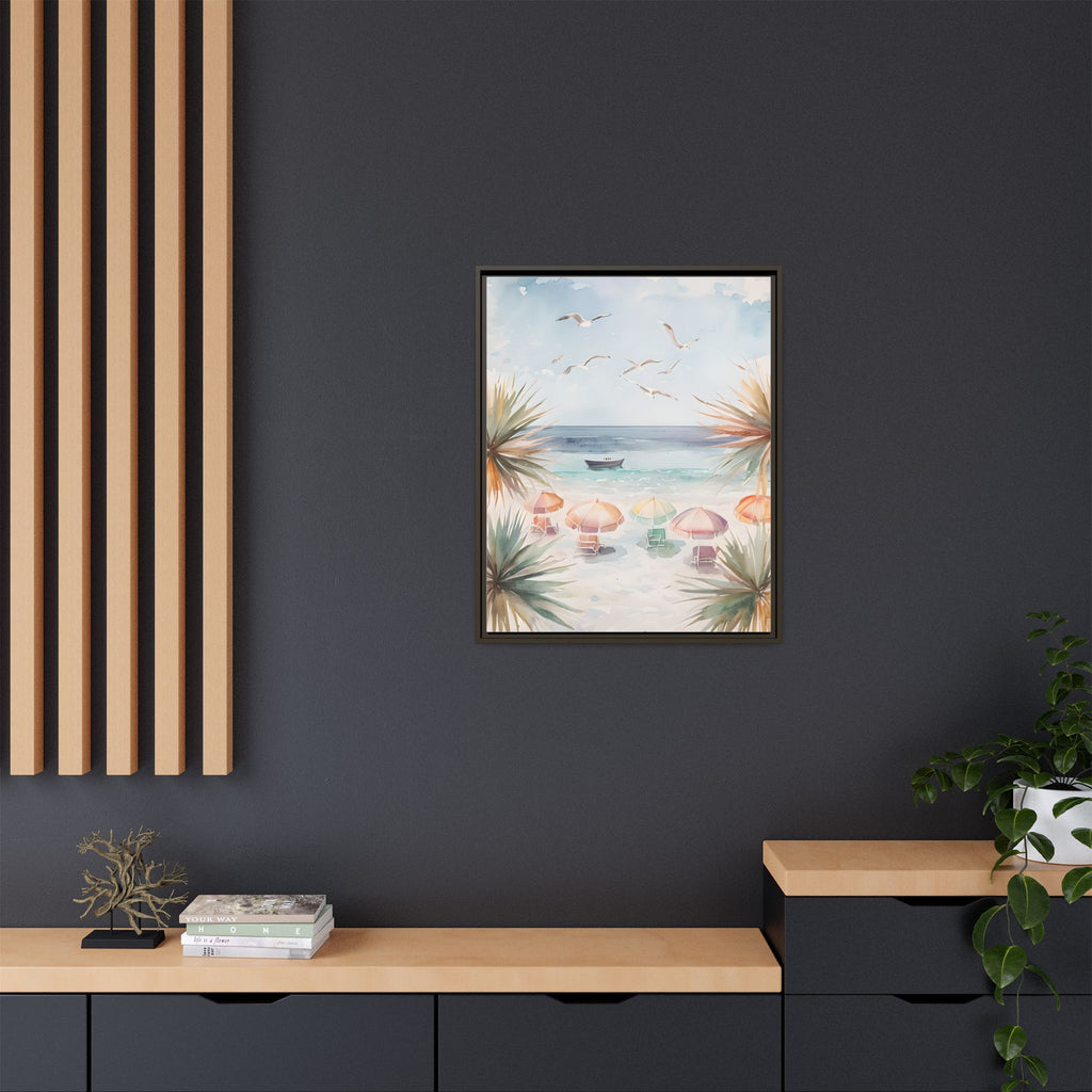 Beach Scene Canvas Wall Art, Oceanview Balcony Print, Umbrellas Seagulls Palm Trees Boat, Matte Framed Decor, Coastal Home Decoration