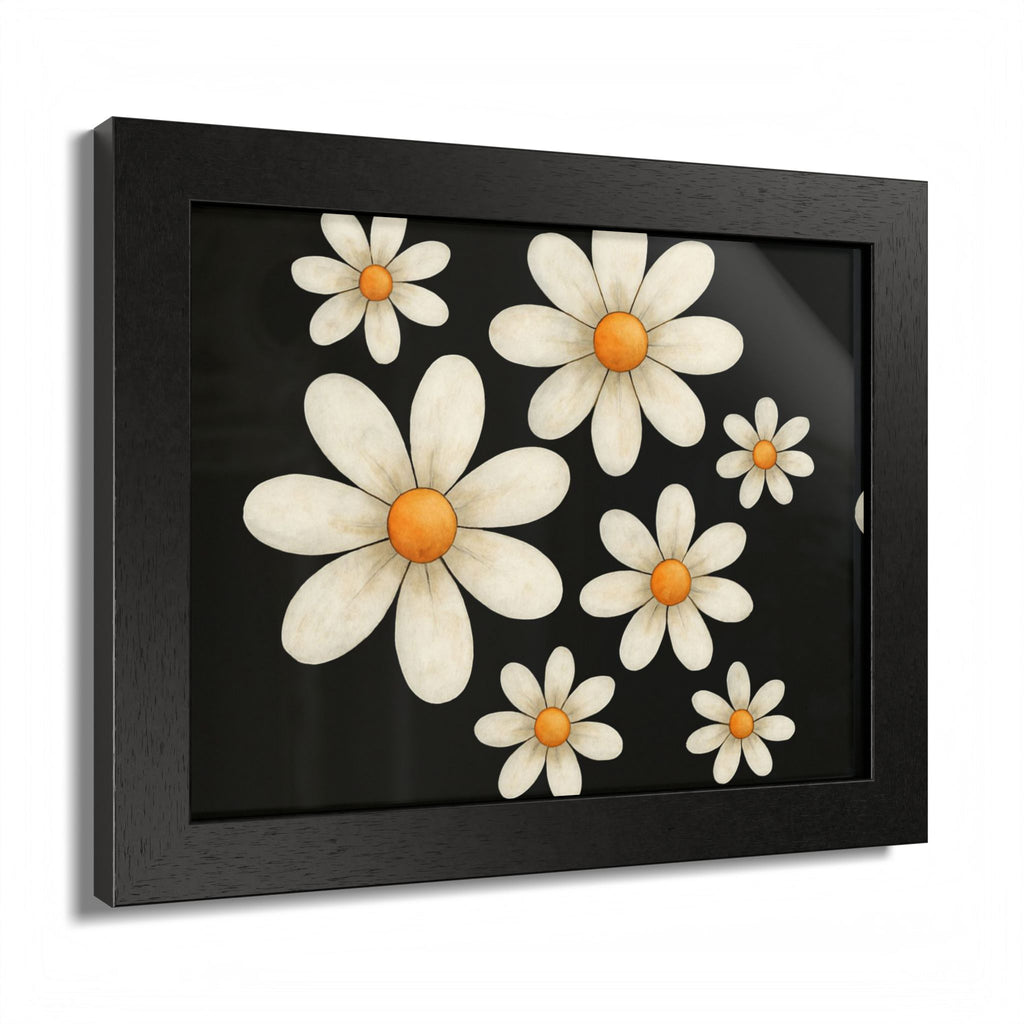 Framed Poster, Daisy Flower Wood, Floral Wall Art, Botanical Home Decor, Nature Lover Gift, Black Background, Unique Design