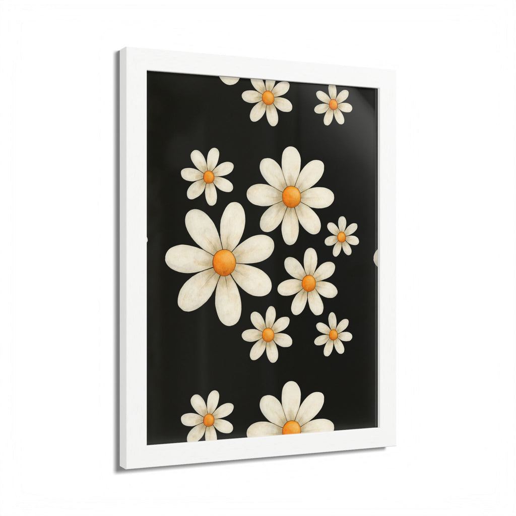 Framed Poster, Daisy Flower Wood, Floral Wall Art, Botanical Home Decor, Nature Lover Gift, Black Background, Unique Design