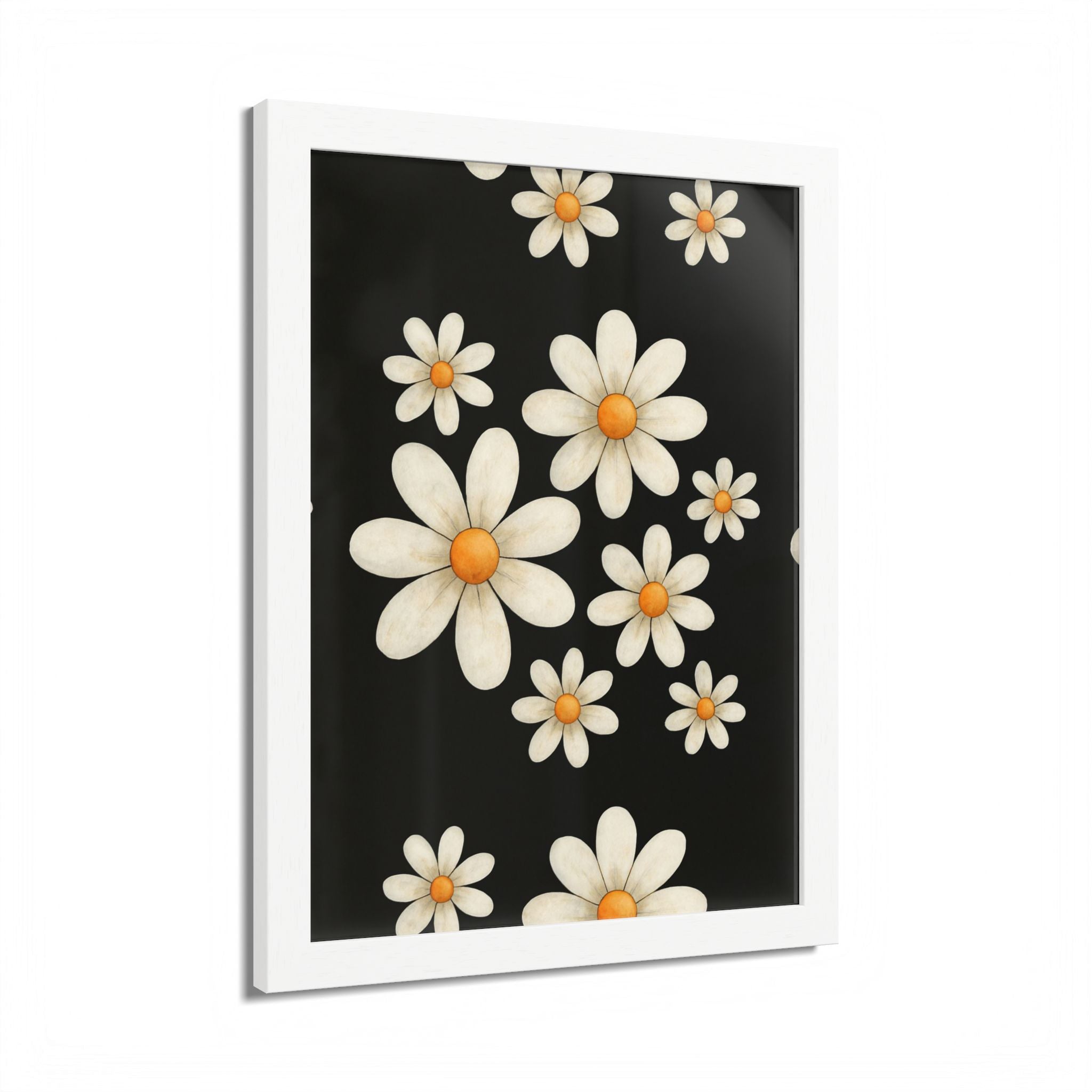 Framed Poster, Daisy Flower Wood, Floral Wall Art, Botanical Home Decor, Nature Lover Gift, Black Background, Unique Design