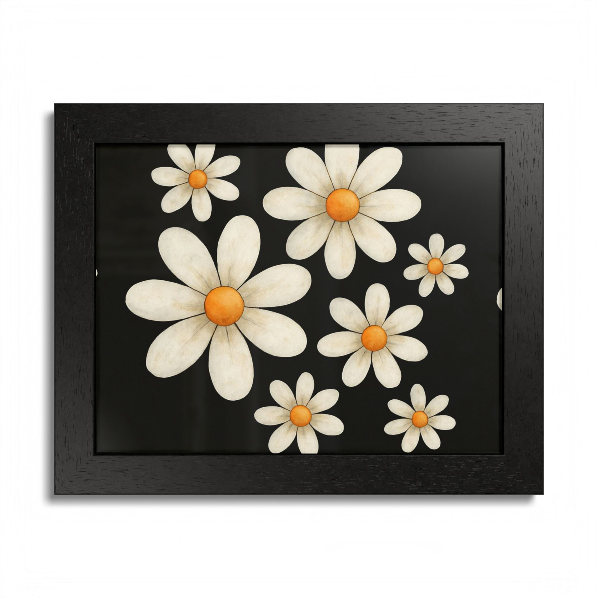 Framed Poster, Daisy Flower Wood, Floral Wall Art, Botanical Home Decor, Nature Lover Gift, Black Background, Unique Design