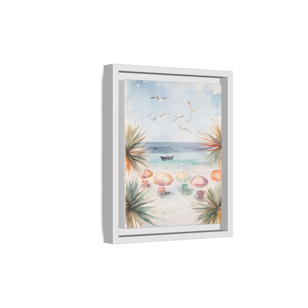 Beach Scene Canvas Wall Art, Oceanview Balcony Print, Umbrellas Seagulls Palm Trees Boat, Matte Framed Decor, Coastal Home Decoration