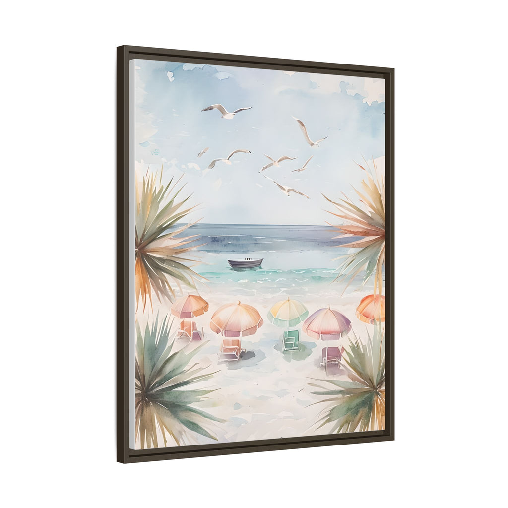 Beach Scene Canvas Wall Art, Oceanview Balcony Print, Umbrellas Seagulls Palm Trees Boat, Matte Framed Decor, Coastal Home Decoration