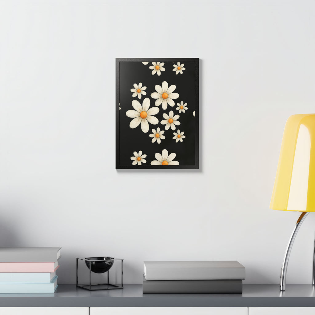 Framed Poster, Daisy Flower Wood, Floral Wall Art, Botanical Home Decor, Nature Lover Gift, Black Background, Unique Design