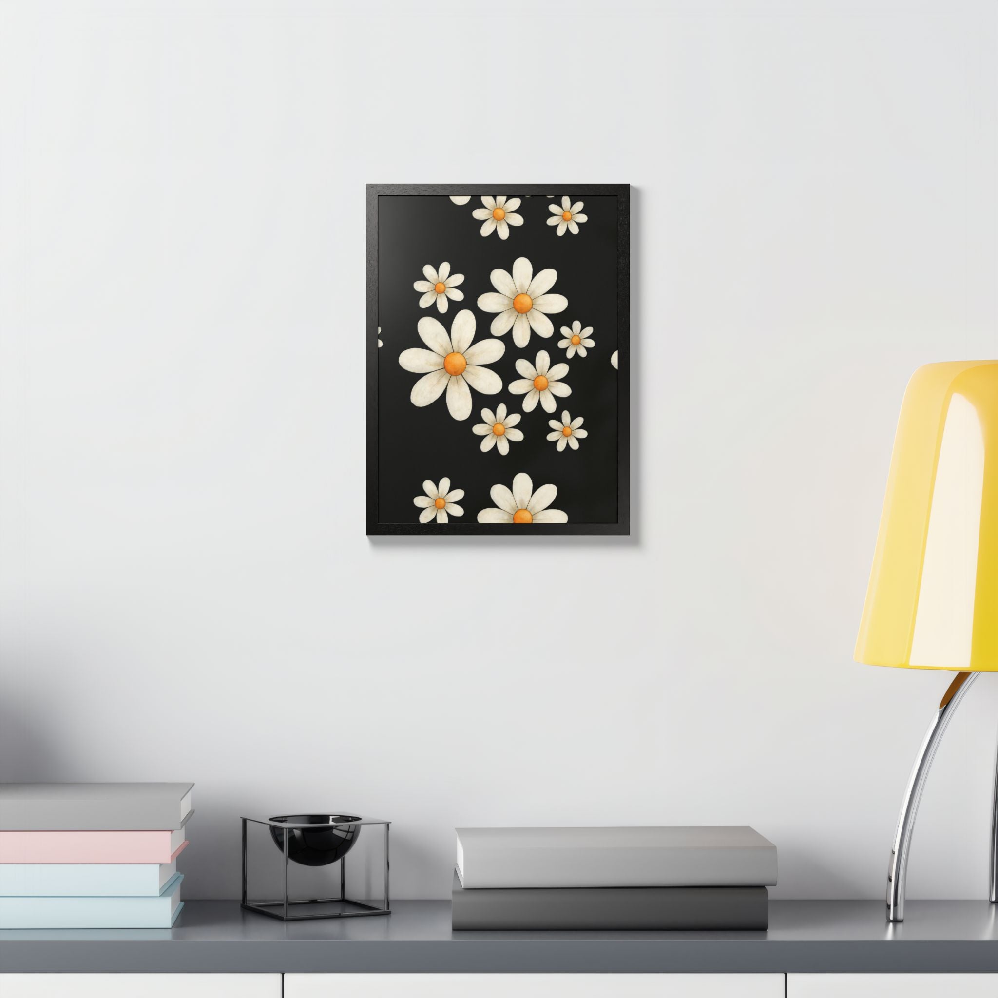 Framed Poster, Daisy Flower Wood, Floral Wall Art, Botanical Home Decor, Nature Lover Gift, Black Background, Unique Design