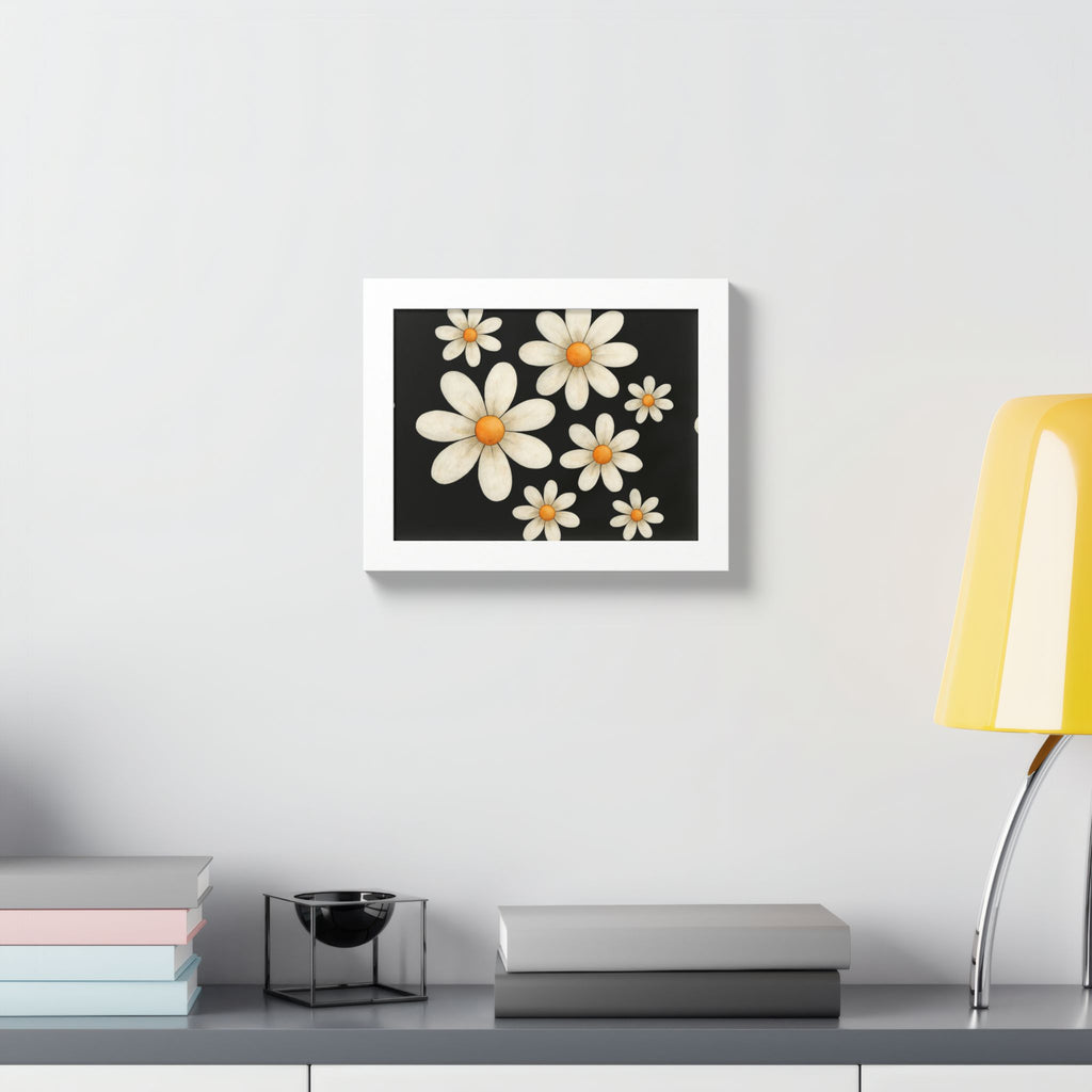 Framed Poster, Daisy Flower Wood, Floral Wall Art, Botanical Home Decor, Nature Lover Gift, Black Background, Unique Design