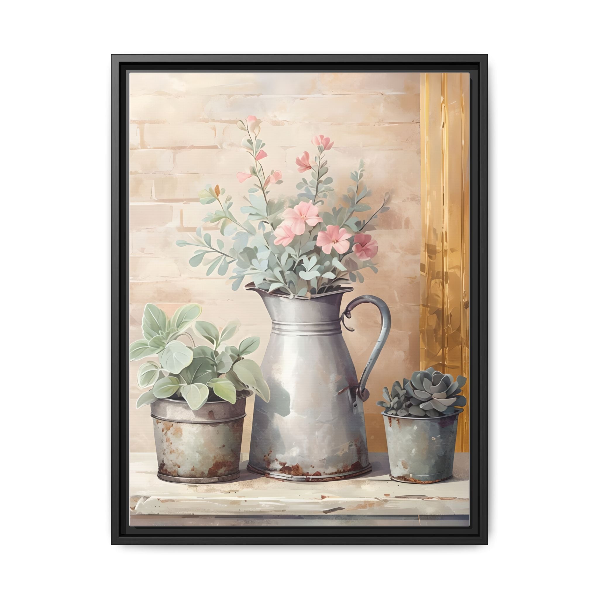 Vintage Galvanized Buckets with Pink Flowers & Succulents Canvas Wall Art, Rustic Brick Wall Farmhouse Decor, Shabby Chic Floral Print