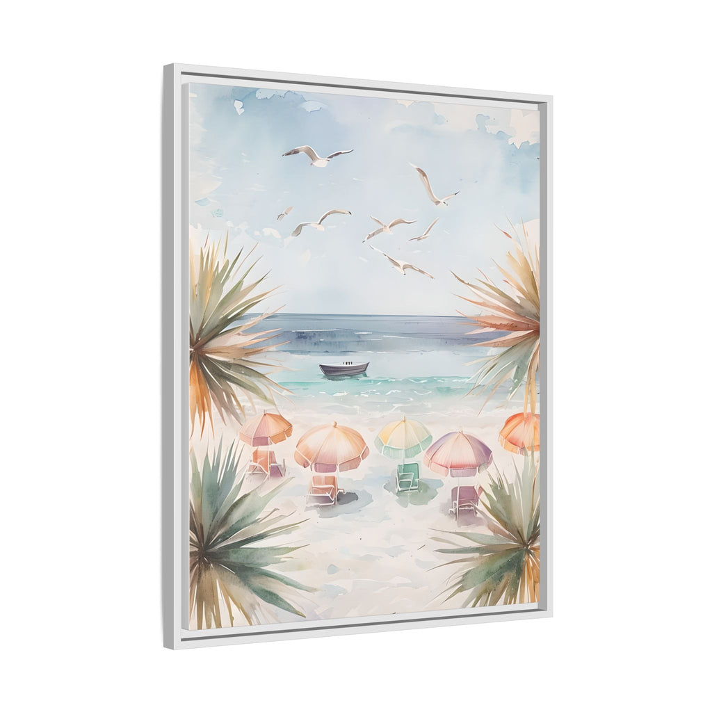 Beach Scene Canvas Wall Art, Oceanview Balcony Print, Umbrellas Seagulls Palm Trees Boat, Matte Framed Decor, Coastal Home Decoration