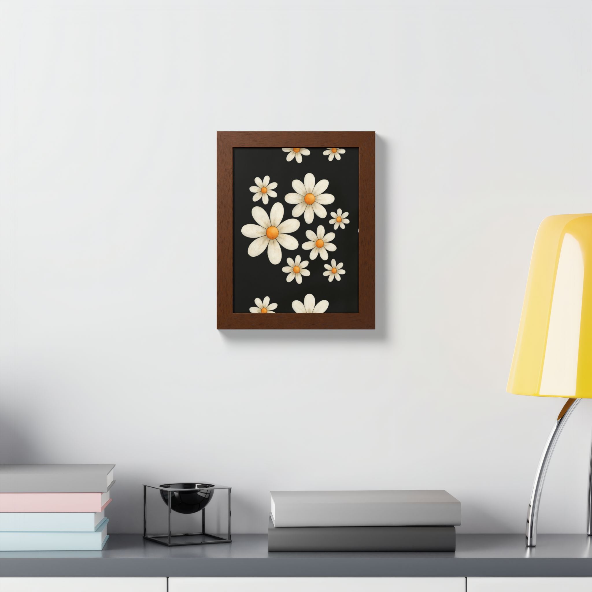 Framed Poster, Daisy Flower Wood, Floral Wall Art, Botanical Home Decor, Nature Lover Gift, Black Background, Unique Design